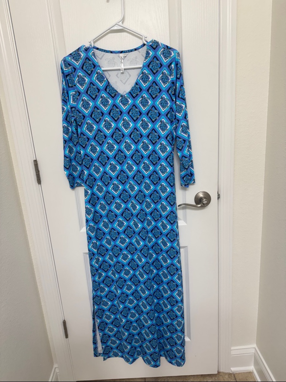 Blue Geometric V-Neck Maxi Dress - Women's